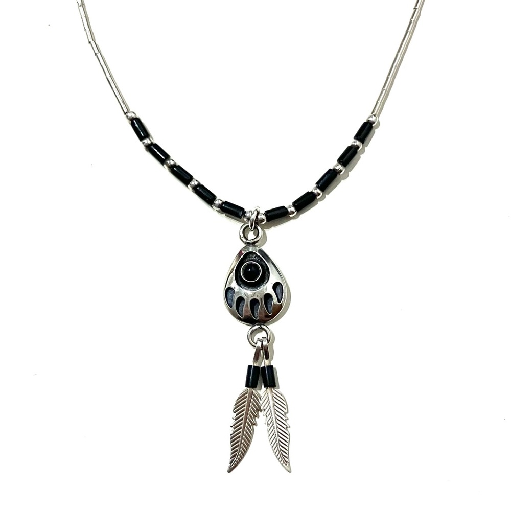 Sterling Silver 925 Onyx Bear Paw Necklace 16”